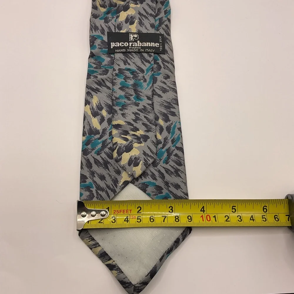 Paco Rabanne Hand Made in Italy 100% Silk Retro Vintage Gray/Black/Teal 3.5 Wide